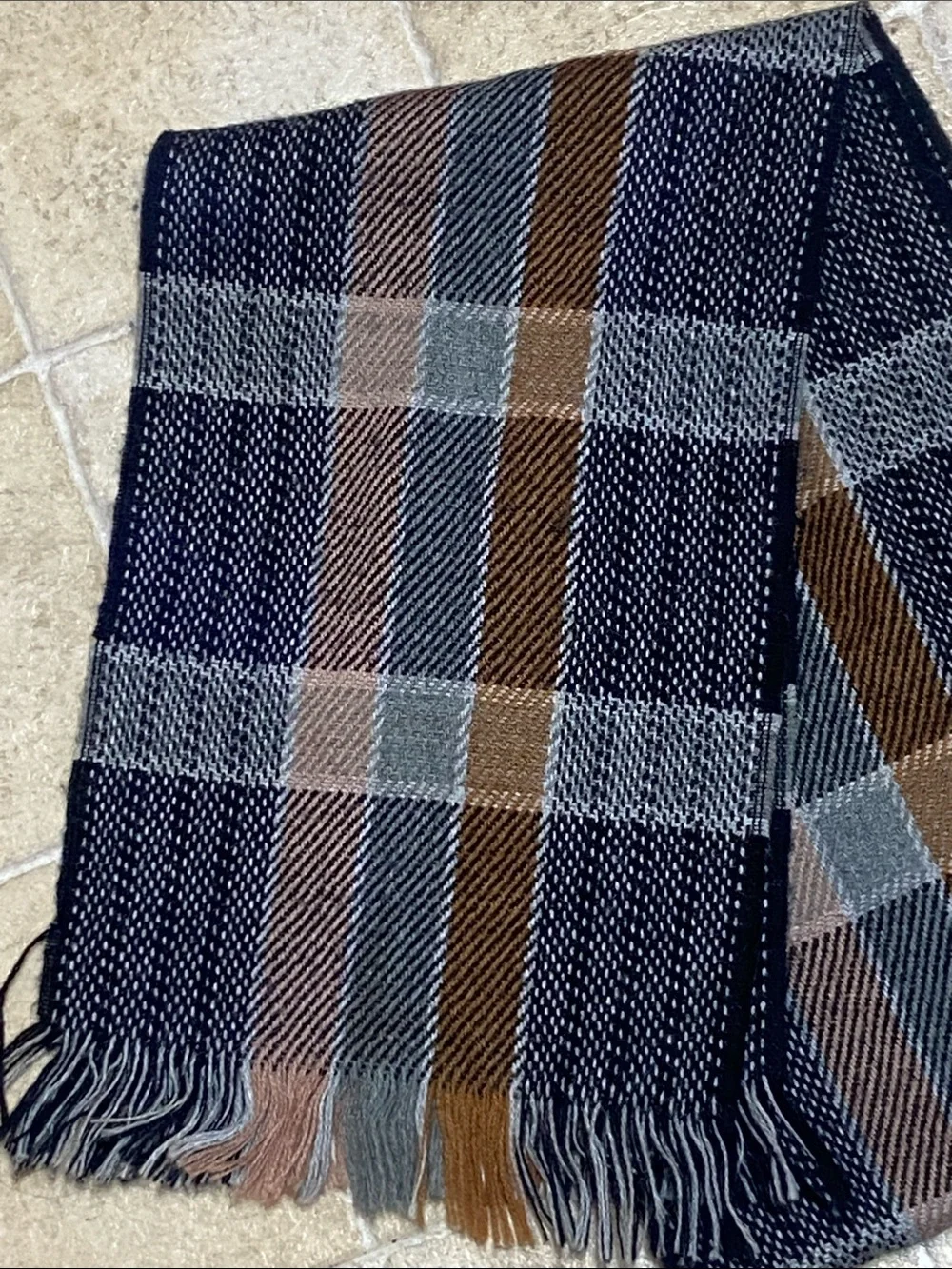 Classic Plaid Fringe Scarf in Navy, Gray, and Brown Unisex
